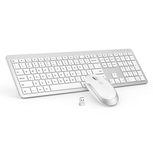 Wireless Keyboard and Mouse Combo - Full Size Slim Thin Wireless Keyboard Mouse with Numeric Keypad 2.4G Stable Connection Adjustable DPI (White & Silver)