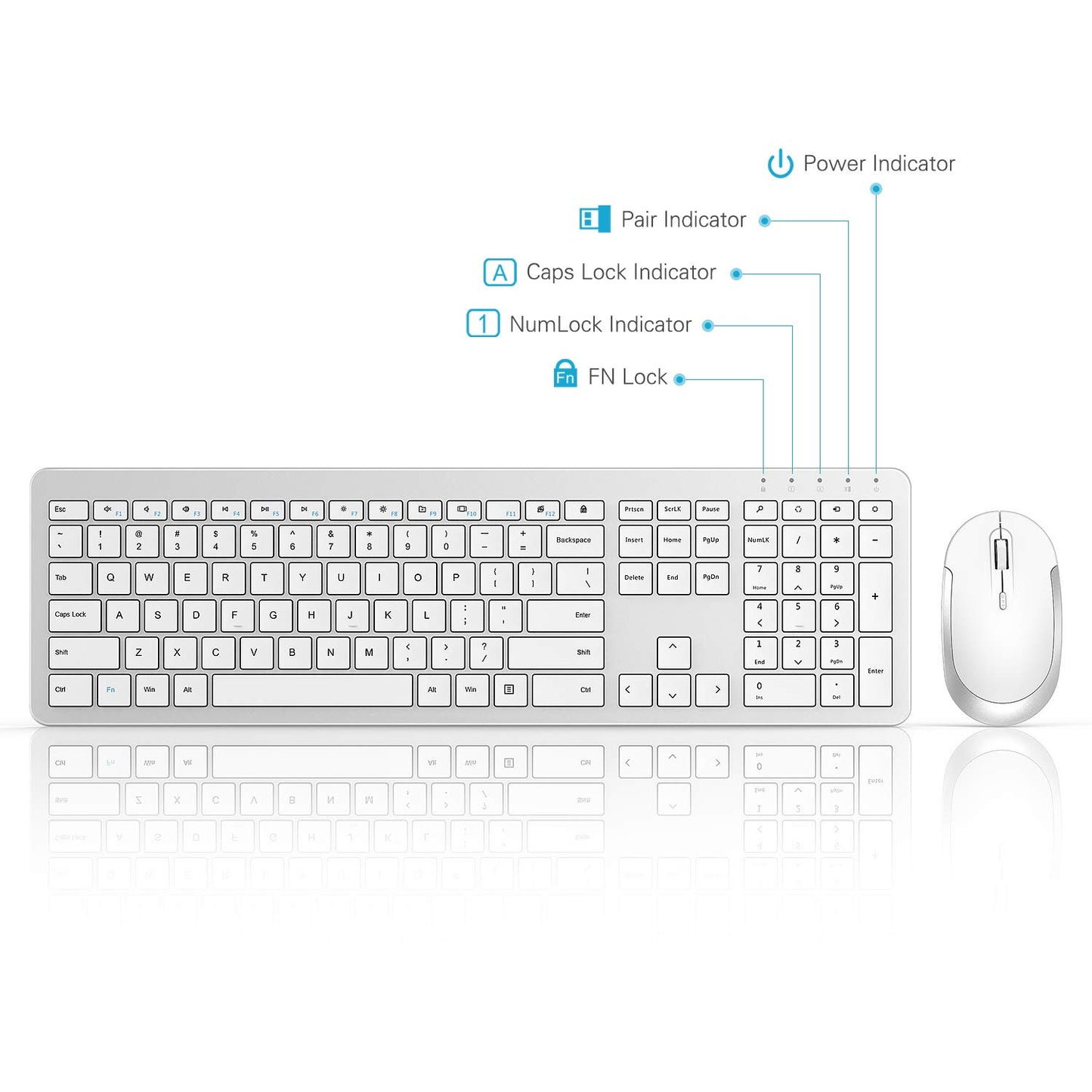 Wireless Keyboard and Mouse Combo - Full Size Slim Thin Wireless Keyboard Mouse with Numeric Keypad 2.4G Stable Connection Adjustable DPI (White & Silver)