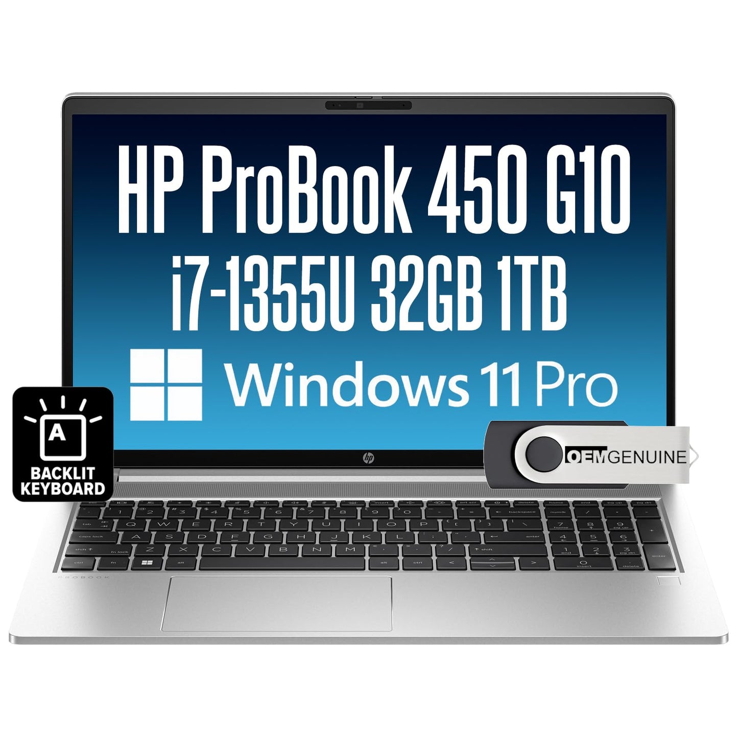 HP ProBook 450 G10 Business Laptop 15.6” FHD Display, Intel 10 Core i7-1355U, 32GB RAM, 1TB NVMe, Wi-Fi 6, RJ-45, Webcam, HDMI, Backlit Keyboard, Win 11 Pro - Silver w/USB Drive