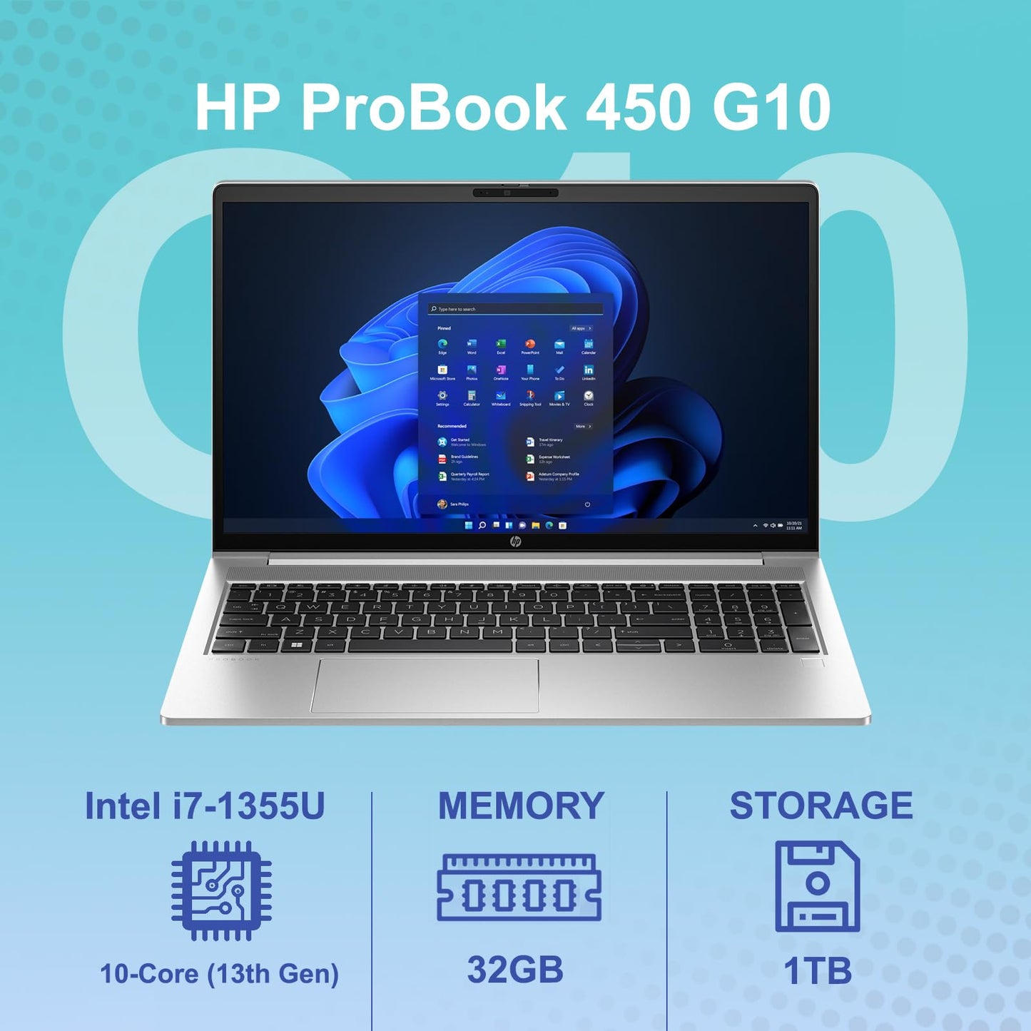 HP ProBook 450 G10 Business Laptop 15.6” FHD Display, Intel 10 Core i7-1355U, 32GB RAM, 1TB NVMe, Wi-Fi 6, RJ-45, Webcam, HDMI, Backlit Keyboard, Win 11 Pro - Silver w/USB Drive