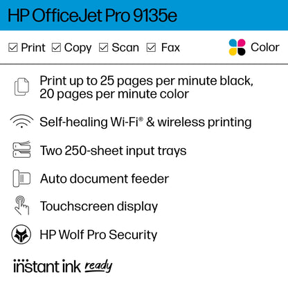 HP OfficeJet Pro 9135e All-in-One Printer, Color, Printer-for-Small Medium Business, Print, Copy, scan, fax, Wireless Instant Ink Eligible (3 months included); Two-Sided Printing; Two-Sided scanning;