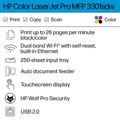 HP Color Laserjet Pro MFP 3301sdw Wireless All-in-One Color Laser Printer, Scanner, Copier, Best-for-Office (499Q3F)