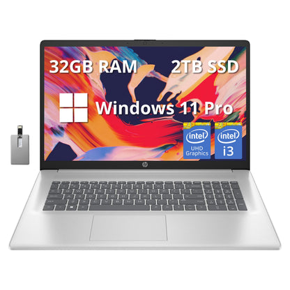 HP 17.3" Full HD Laptop, Intel Core i3-1215U Processor, 32GB RAM, 2TB PCIe SSD, Intel UHD Graphics, Numeric Keypad, 720p HD Webcam, Windows 11 Pro, Natural Silver, 32GB Hotface USB Card